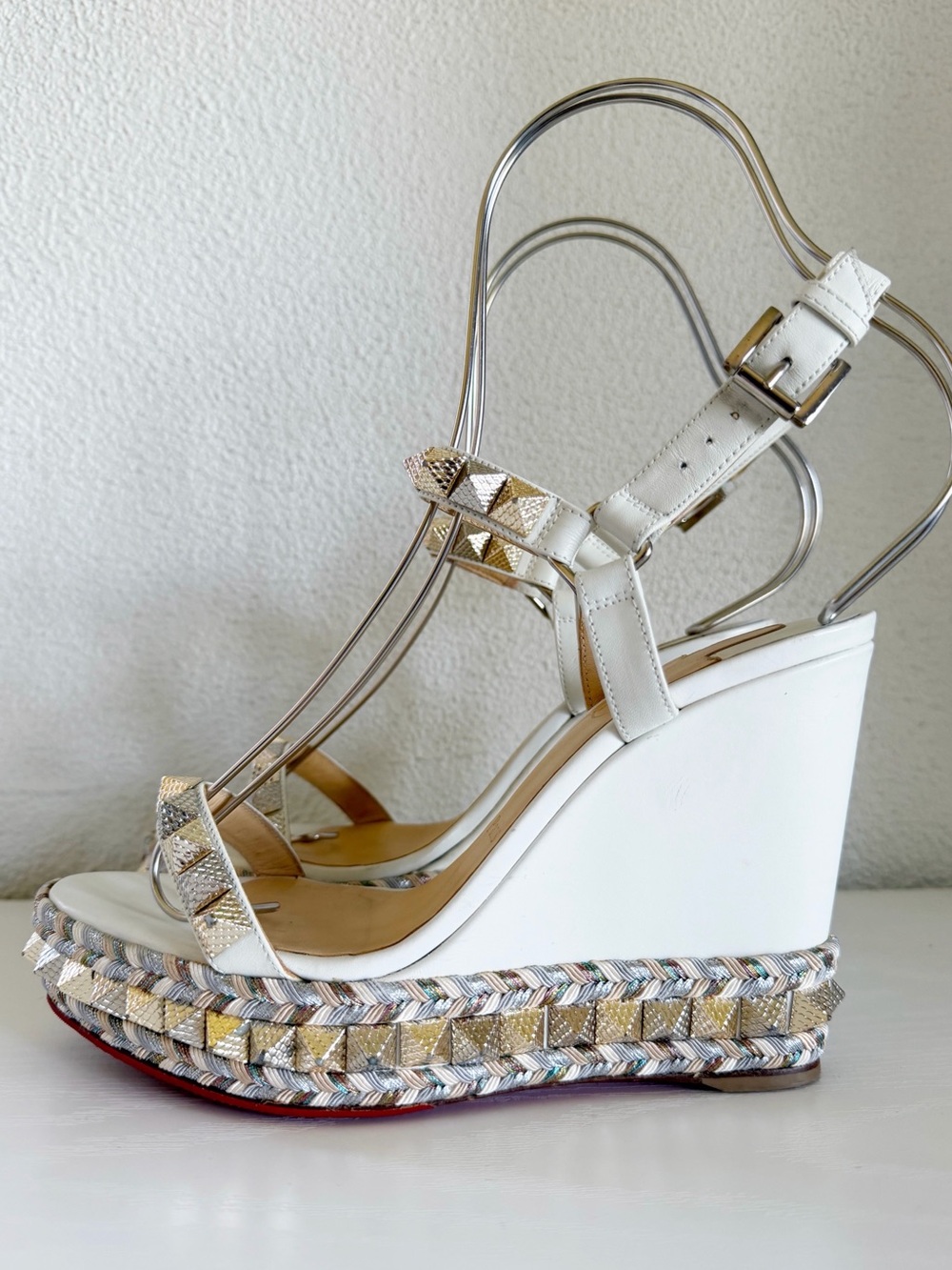 Christian Louboutin Pyraclou Latte White Studded Wedge Sandals Size EU 38